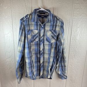 Carbon Men's Casual Blue and Cream Plaid Shirt, Size Small